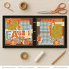 Fall scrapbook page kit artwork with mustard gingham, blue gray floral pattern, fall title letters, patchwork pumpkins, orange autumn leaves, blue gray leaves, mustard leaves, decorative vine swirls. Designed for Autumn Leaves Scrapbook Layout, Fall Photo Scrapbook Pages, orange mustard blue gray palette, white outlined die cuts, warm brown background, orange damask pattern, orange plaid paper, mustard leaf pattern, blue gray plaid.