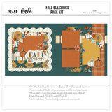 Fall Blessings 12x12 scrapbook page kit cover featuring cream multicolor polka dots, mustard striped paper, teal floral pattern, large yellow sunflowers, rust orange flowers, and cream pumpkins. A coordinated premade layout for autumn memories and favorite photos.