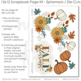 Fall Blessings scrapbook die cuts and ephemera sheet featuring teal floral pattern, large yellow sunflowers, rust orange flowers, cream pumpkins, rust pumpkins, and teal leaves. Coordinating paper embellishments for autumn memories and favorite photos.