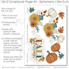 Fall Blessings scrapbook die cuts and ephemera sheet featuring teal floral pattern, large yellow sunflowers, rust orange flowers, cream pumpkins, rust pumpkins, and teal leaves. Coordinating paper embellishments for autumn memories and favorite photos.