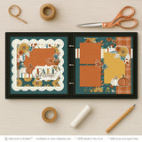 Fall Blessings scrapbook page kit shown in a memory album binder mockup with the finished two-page layout. A coordinated way to preserve autumn memories and favorite photos.