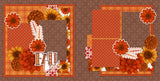 Two-page Fall Love scrapbook layout featuring warm brown damask background, orange plaid paper, rust polka dot paper, orange floral pattern, red damask accent, rust orange flowers, golden yellow flowers, brown mum flowers. Designed for Autumn Floral Memories, Fall Floral Scrapbook Page Kit, white outline embellishments, decorative leaf sprigs, fall love title, orange rust brown palette, layered floral clusters, framed photo areas, autumn botanical accents.