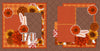 Two-page Fall Love scrapbook layout featuring warm brown damask background, orange plaid paper, rust polka dot paper, orange floral pattern, red damask accent, rust orange flowers, golden yellow flowers, brown mum flowers. Designed for Autumn Floral Memories, Fall Floral Scrapbook Page Kit, white outline embellishments, decorative leaf sprigs, fall love title, orange rust brown palette, layered floral clusters, framed photo areas, autumn botanical accents.
