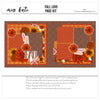 Fall Love 12x12 scrapbook page kit shown with orange plaid paper, rust polka dot paper, orange floral pattern, red damask accent, rust orange flowers, golden yellow flowers, brown mum flowers, white outline embellishments. Designed for Fall Floral Scrapbook Page Kit, Autumn Scrapbook Layout Kit, decorative leaf sprigs, fall love title, orange rust brown palette, layered floral clusters, framed photo areas, autumn botanical accents, warm brown damask background.