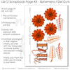 Coordinated Fall Love memory-keeping layout with rust polka dot paper, orange floral pattern, red damask accent, rust orange flowers, golden yellow flowers, brown mum flowers, white outline embellishments, decorative leaf sprigs. Designed for Autumn Scrapbook Layout Kit, Fall Family Scrapbook Pages, fall love title, orange rust brown palette, layered floral clusters, framed photo areas, autumn botanical accents, warm brown damask background, orange plaid paper.