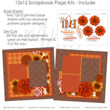 Detailed Fall Love scrapbook design featuring orange floral pattern, red damask accent, rust orange flowers, golden yellow flowers, brown mum flowers, white outline embellishments, decorative leaf sprigs, fall love title. Designed for Fall Family Scrapbook Pages, Autumn Flower Scrapbook Kit, orange rust brown palette, layered floral clusters, framed photo areas, autumn botanical accents, warm brown damask background, orange plaid paper, rust polka dot paper.
