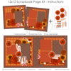 Finished Fall Love photo layout showing red damask accent, rust orange flowers, golden yellow flowers, brown mum flowers, white outline embellishments, decorative leaf sprigs, fall love title, orange rust brown palette. Designed for Autumn Flower Scrapbook Kit, Fall Photo Scrapbook Layout, layered floral clusters, framed photo areas, autumn botanical accents, warm brown damask background, orange plaid paper, rust polka dot paper, orange floral pattern.