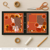Fall Love scrapbook page kit artwork with rust orange flowers, golden yellow flowers, brown mum flowers, white outline embellishments, decorative leaf sprigs, fall love title, orange rust brown palette, layered floral clusters. Designed for Fall Photo Scrapbook Layout, Orange Floral Scrapbook Pages, framed photo areas, autumn botanical accents, warm brown damask background, orange plaid paper, rust polka dot paper, orange floral pattern, red damask accent.