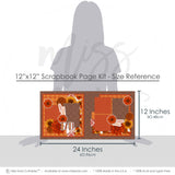 Coordinating Fall Love papers and die cuts featuring golden yellow flowers, brown mum flowers, white outline embellishments, decorative leaf sprigs, fall love title, orange rust brown palette, layered floral clusters, framed photo areas. Designed for Orange Floral Scrapbook Pages, Autumn Family Memory Keeping Kit, autumn botanical accents, warm brown damask background, orange plaid paper, rust polka dot paper, orange floral pattern, red damask accent, rust orange flowers.