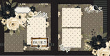 Two-page Family scrapbook layout featuring black floral paper, cream rose clusters, olive green leaves, taupe floral background, black pinstripe paper, cream polka dots, taupe polka dots, black textured background. Designed for Family Memories, Family Scrapbook Page Kit, vintage gold frame, family title frame, black and cream birds, leafy branch die cuts, black flower clusters, cream flower clusters, berry sprigs, ornate label die cut, layered photo mats, elegant neutral florals.