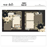 Family 12x12 scrapbook page kit shown with cream rose clusters, olive green leaves, taupe floral background, black pinstripe paper, cream polka dots, taupe polka dots, black textured background, vintage gold frame. Designed for Family Scrapbook Page Kit, Family Memories Scrapbook Layout, family title frame, black and cream birds, leafy branch die cuts, black flower clusters, cream flower clusters, berry sprigs, ornate label die cut, layered photo mats, elegant neutral florals.