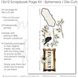 Coordinated Family memory-keeping layout with olive green leaves, taupe floral background, black pinstripe paper, cream polka dots, taupe polka dots, black textured background, vintage gold frame, family title frame. Designed for Family Memories Scrapbook Layout, Family Photo Scrapbook Pages, black and cream birds, leafy branch die cuts, black flower clusters, cream flower clusters, berry sprigs, ornate label die cut, layered photo mats, elegant neutral florals, black floral paper.