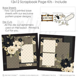 Detailed Family scrapbook design featuring taupe floral background, black pinstripe paper, cream polka dots, taupe polka dots, black textured background, vintage gold frame, family title frame, black and cream birds. Designed for Family Photo Scrapbook Pages, Heritage Family Scrapbook Kit, leafy branch die cuts, black flower clusters, cream flower clusters, berry sprigs, ornate label die cut, layered photo mats, elegant neutral florals, black floral paper, cream rose clusters.