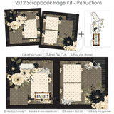 Finished Family photo layout showing black pinstripe paper, cream polka dots, taupe polka dots, black textured background, vintage gold frame, family title frame, black and cream birds, leafy branch die cuts. Designed for Heritage Family Scrapbook Kit, Family Album Page Kit, black flower clusters, cream flower clusters, berry sprigs, ornate label die cut, layered photo mats, elegant neutral florals, black floral paper, cream rose clusters, olive green leaves, taupe floral background.