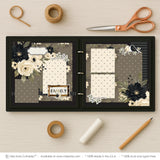 Family scrapbook page kit artwork with cream polka dots, taupe polka dots, black textured background, vintage gold frame, family title frame, black and cream birds, leafy branch die cuts, black flower clusters. Designed for Family Album Page Kit, Parents And Grandparents Scrapbook, cream flower clusters, berry sprigs, ornate label die cut, layered photo mats, elegant neutral florals, black floral paper, cream rose clusters, olive green leaves, taupe floral background, black pinstripe paper.