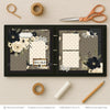 Family scrapbook page kit artwork with cream polka dots, taupe polka dots, black textured background, vintage gold frame, family title frame, black and cream birds, leafy branch die cuts, black flower clusters. Designed for Family Album Page Kit, Parents And Grandparents Scrapbook, cream flower clusters, berry sprigs, ornate label die cut, layered photo mats, elegant neutral florals, black floral paper, cream rose clusters, olive green leaves, taupe floral background, black pinstripe paper.