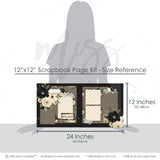 Coordinating Family papers and die cuts featuring taupe polka dots, black textured background, vintage gold frame, family title frame, black and cream birds, leafy branch die cuts, black flower clusters, cream flower clusters. Designed for Parents And Grandparents Scrapbook, Family Reunion Scrapbook Pages, berry sprigs, ornate label die cut, layered photo mats, elegant neutral florals, black floral paper, cream rose clusters, olive green leaves, taupe floral background, black pinstripe paper.