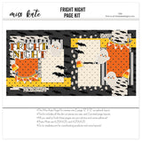 Fright Night 12x12 scrapbook page kit cover featuring black, white stripes, orange gingham pattern, yellow polka dots, orange polka dots, and cream black dot pattern. A coordinated premade layout for Halloween memories and favorite photos.