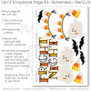 Fright Night scrapbook die cuts and ephemera sheet featuring orange gingham pattern, yellow polka dots, orange polka dots, cream black dot pattern, black spiderweb pattern, and orange photo mats. Coordinating paper embellishments for Halloween memories and favorite photos.