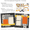 Fright Night scrapbook page kit includes two coordinated 12x12 printed base sheets with matching die cuts and embellishments. Designed for Halloween memories and favorite photos.