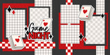 Two-page Game Night 12x12 scrapbook layout featuring black background, red diamond pattern, black, white plaid, gray checkerboard pattern, and red. Designed for card game memories and favorite photos.