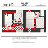 Game Night 12x12 scrapbook page kit cover featuring black, white plaid, gray checkerboard pattern, red, white checkerboard, and red photo mats. A coordinated premade layout for card game memories and favorite photos.