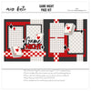 Game Night 12x12 scrapbook page kit cover featuring black, white plaid, gray checkerboard pattern, red, white checkerboard, and red photo mats. A coordinated premade layout for card game memories and favorite photos.