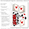 Game Night scrapbook die cuts and ephemera sheet featuring gray checkerboard pattern, red, white checkerboard, red photo mats, black photo frames, and playing card stacks. Coordinating paper embellishments for card game memories and favorite photos.