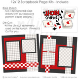Game Night scrapbook page kit includes two coordinated 12x12 printed base sheets with matching die cuts and embellishments. Designed for card game memories and favorite photos.