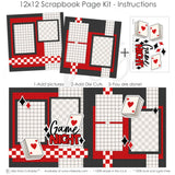 Game Night 12x12 scrapbook page kit instruction image showing the completed two-page layout and placement of coordinating papers, die cuts, and photo areas. Designed for card game memories and favorite photos.
