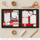 Game Night scrapbook page kit shown in a memory album binder mockup with the finished two-page layout. A coordinated way to preserve card game memories and favorite photos.