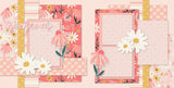 Two-page Gorgeous 12x12 scrapbook layout featuring soft blush pink background, coral floral pattern, pink daisy pattern, cream floral pattern, coral plaid, and pink striped paper. Designed for spring memories and favorite photos.
