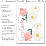 Gorgeous scrapbook die cuts and ephemera sheet featuring coral plaid, pink striped paper, mustard yellow polka dots, soft pink polka dots, white daisies, and coral coneflowers. Coordinating paper embellishments for spring memories and favorite photos.