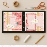 Gorgeous scrapbook page kit shown in a memory album binder mockup with the finished two-page layout. A coordinated way to preserve spring memories and favorite photos.