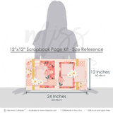 Gorgeous 12x12 scrapbook page kit size reference image showing the scale of the coordinated two-page layout, printed papers, and embellishments for spring memories and favorite photos.