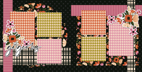 Gorgeous scrapbook page kit — precut designs for memory journaling, fall scrapbook kit, coordinated background patterns and journaling spots, plaid scrapbook, 12x12 layout, black floral paper, floral scrapbook, 2 page scrapbook, ready-to-glue title banners and photo frames, autumn scrapbook, seasonal scrapbook page kits and die cuts, handmade elements for DIY photo albums, pastel paper embellishments and photo mats, floral die cuts, scrapbooking ephemera and cardstock cutouts
