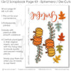 Grateful scrapbook die cuts and ephemera sheet featuring multicolor striped accents, small multicolor dots, orange pumpkins, mustard pumpkins, autumn leaves, and teal leaves. Coordinating paper embellishments for Thanksgiving memories and favorite photos.