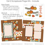 Grateful scrapbook page kit includes two coordinated 12x12 printed base sheets with matching die cuts and embellishments. Designed for Thanksgiving memories and favorite photos.