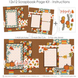 Grateful 12x12 scrapbook page kit instruction image showing the completed two-page layout and placement of coordinating papers, die cuts, and photo areas. Designed for Thanksgiving memories and favorite photos.