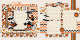 Two-page Halloween Magic 12x12 scrapbook layout featuring cream crosshatch background, orange chevron pattern, black orange stripes, orange black plaid, candy corn pattern, and pumpkin pattern. Designed for Halloween memories and favorite photos.