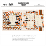 Halloween Magic 12x12 scrapbook page kit cover featuring black orange stripes, orange black plaid, candy corn pattern, pumpkin pattern, black bat silhouettes, and orange pumpkins. A coordinated premade layout for Halloween memories and favorite photos.