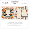 Halloween Magic 12x12 scrapbook page kit cover featuring black orange stripes, orange black plaid, candy corn pattern, pumpkin pattern, black bat silhouettes, and orange pumpkins. A coordinated premade layout for Halloween memories and favorite photos.