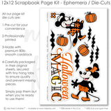 Halloween Magic scrapbook die cuts and ephemera sheet featuring candy corn pattern, pumpkin pattern, black bat silhouettes, orange pumpkins, candy corn icons, and black bats. Coordinating paper embellishments for Halloween memories and favorite photos.