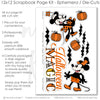 Halloween Magic scrapbook die cuts and ephemera sheet featuring candy corn pattern, pumpkin pattern, black bat silhouettes, orange pumpkins, candy corn icons, and black bats. Coordinating paper embellishments for Halloween memories and favorite photos.