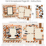 Halloween Magic 12x12 scrapbook page kit instruction image showing the completed two-page layout and placement of coordinating papers, die cuts, and photo areas. Designed for Halloween memories and favorite photos.