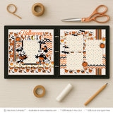 Halloween Magic scrapbook page kit shown in a memory album binder mockup with the finished two-page layout. A coordinated way to preserve Halloween memories and favorite photos.