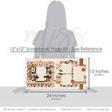 Halloween Magic 12x12 scrapbook page kit size reference image showing the scale of the coordinated two-page layout, printed papers, and embellishments for Halloween memories and favorite photos.