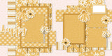 Two-page Happy 12x12 scrapbook layout featuring mustard yellow background, cream floral pattern, white daisy pattern, mustard daisy pattern, gold striped paper, and small yellow dot pattern. Designed for joyful memories and favorite photos.