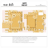 Happy 12x12 scrapbook page kit cover featuring white daisy pattern, mustard daisy pattern, gold striped paper, small yellow dot pattern, mustard photo mats, and cream photo mats. A coordinated premade layout for joyful memories and favorite photos.