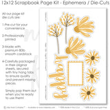 Happy scrapbook die cuts and ephemera sheet featuring gold striped paper, small yellow dot pattern, mustard photo mats, cream photo mats, large daisy die cuts, and yellow coneflower die cuts. Coordinating paper embellishments for joyful memories and favorite photos.